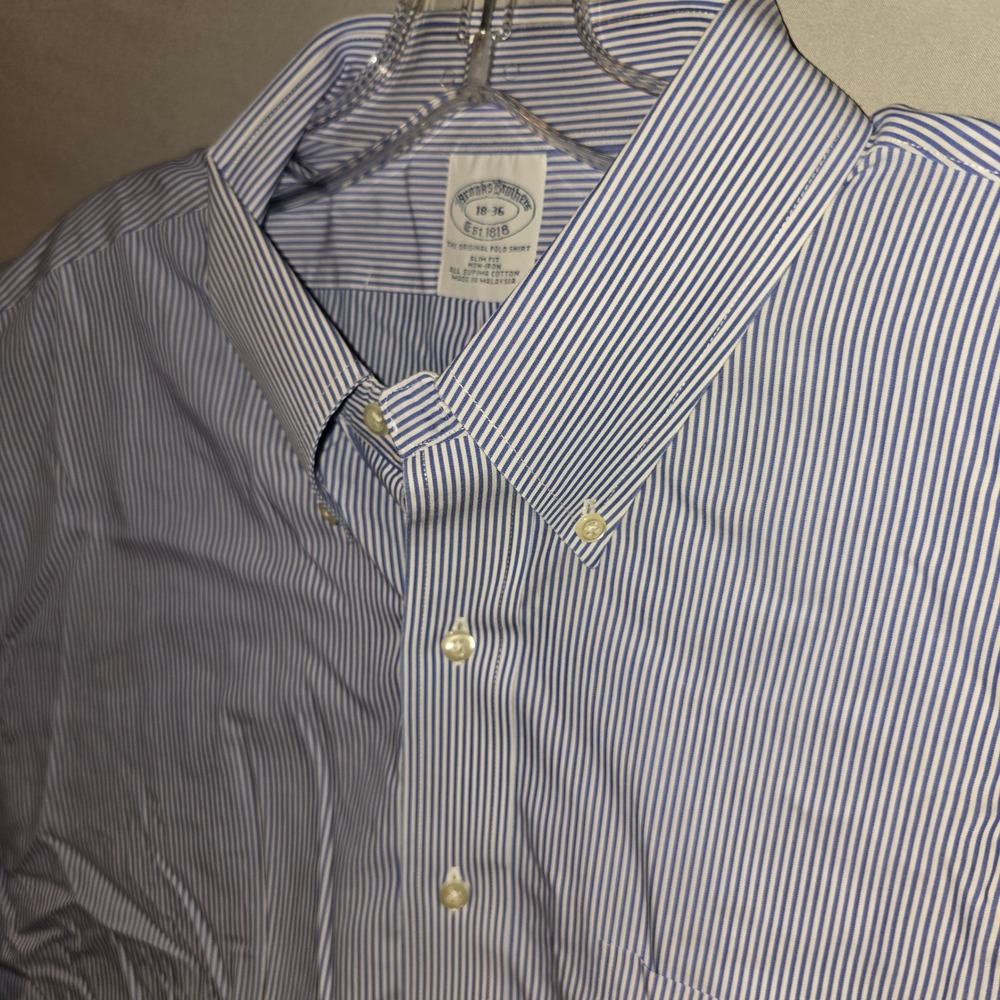 Brooks Brothers Dress Shirt 18-36 Mens Blue Striped Slim Fit Non-Iron Cotton - Picture 2 of 10